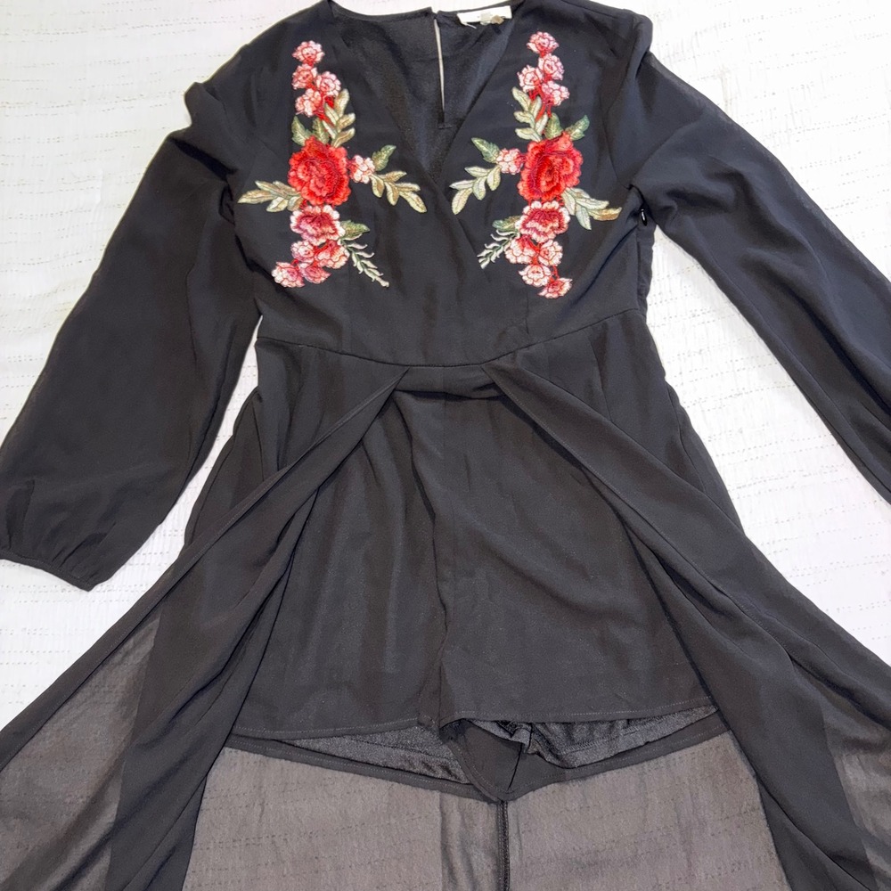 Entro Black Floral Embroidered Maxi Romper Dress Long Sleeve Rose Boho‎ Large - Picture 2 of 6
